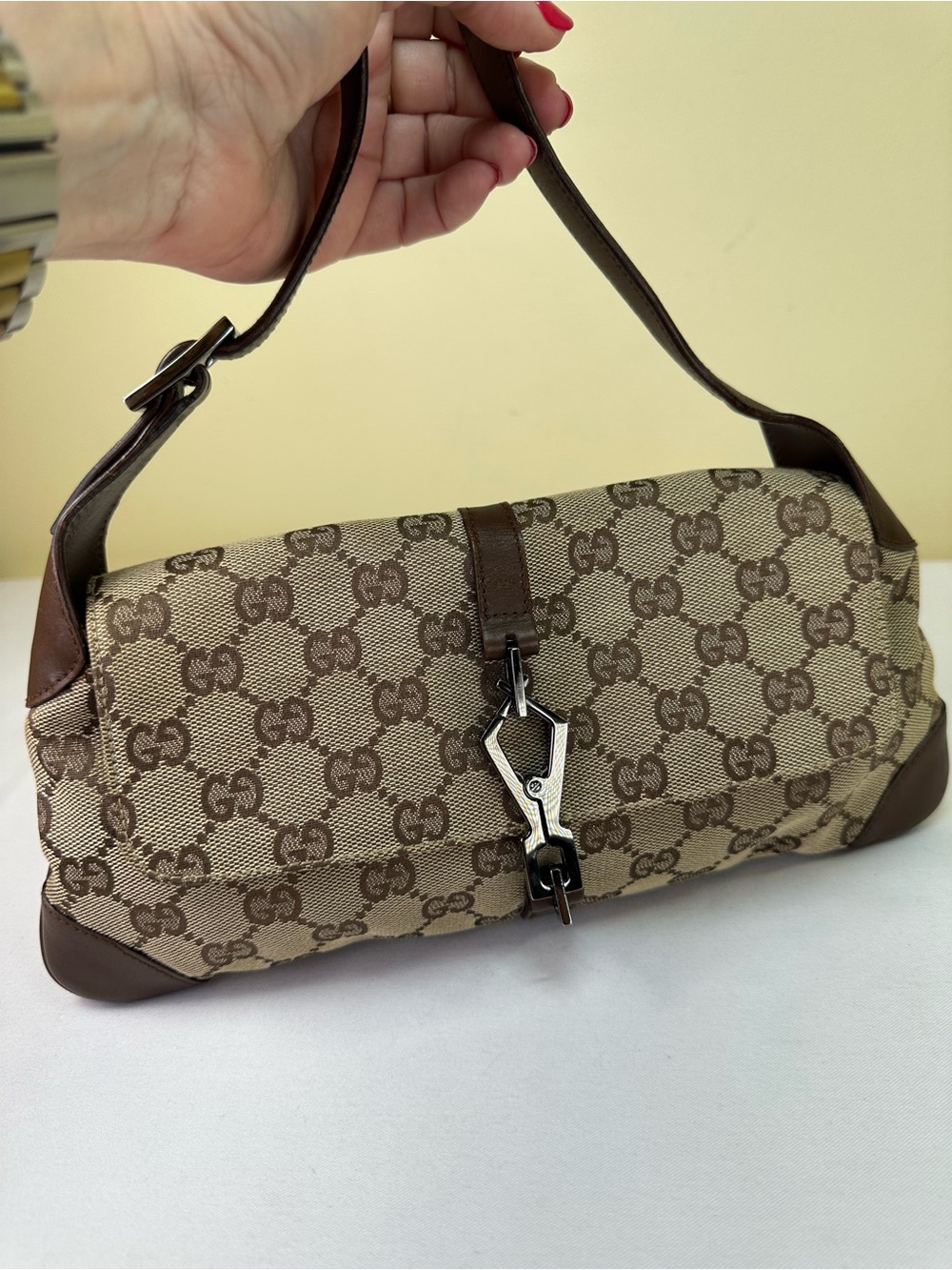 Gucci GG Jackie O Vintage Flap monogram canvas & brown leather COA
